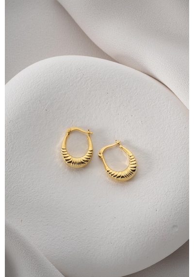 925 Ayar Gümüş Gold Rengi Çizgili Oval Tasarım Şarnel Küpe Gold