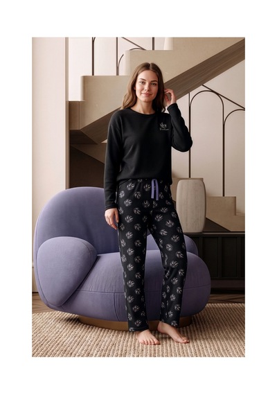 Nisanca Premium Soft Waffle Kadın Pijama Takımı Yumuşak Dokulu Sıcak Tutan Kışlık Uzun Kollu Pijama Siyah