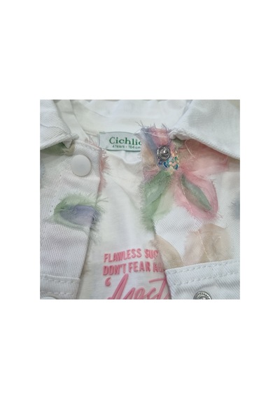 Uğur Bebe Cichlid Kız Çocuk 3 Lü Takım Çiçek Desenli Kot Ceket, Yumuşak Kanvas Kargo Pantolon Ve Sweatshirt Ekru Somon Ekru Somon