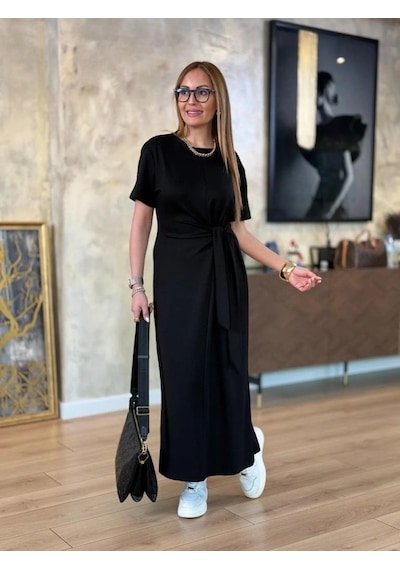 De'charme Kadın Kısa Kollu Bisiklet Yaka Yandan Bağlamalı Viskon Iki Iplik Elbise Siyah