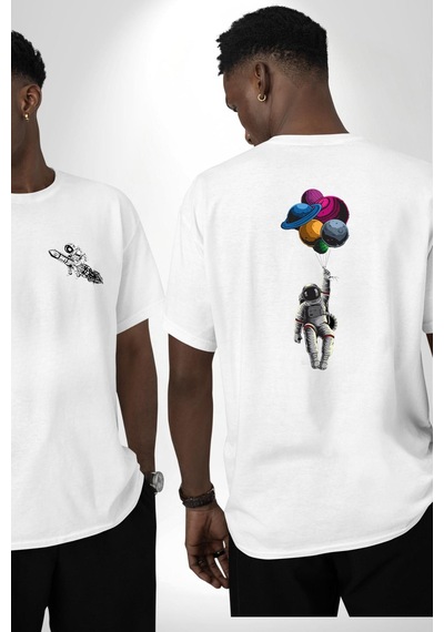 Gezegenler Balon Astronot Yükselişi Beyaz Oversize Unisex Ön Ve Sırt Baskılı Tişört Beyaz