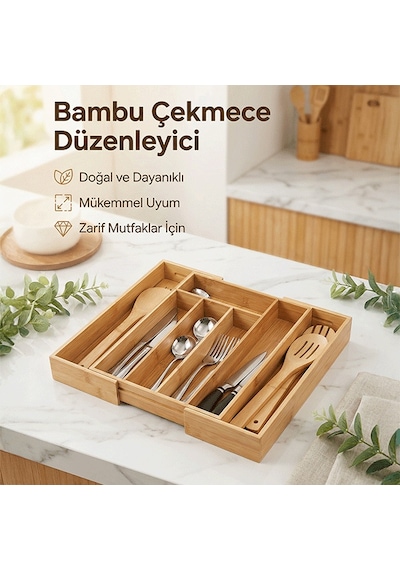 Bambu Ayarlanabilir Çekmece İçi Ölçü Ayarlı Kaşıklık 5-7 Bölmeli, Organizer