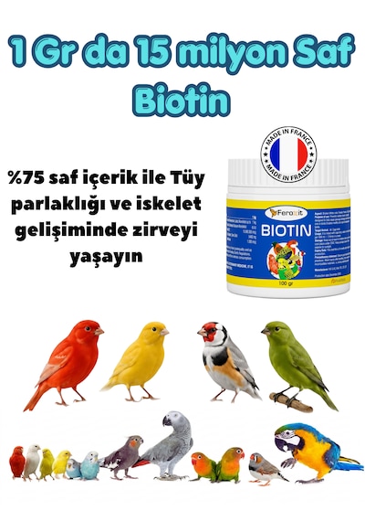 Biotin %75 Saf Biotin 15 Milyon Güç - Kuşlar İçin Tüy, Deri Ve Gaga Bakım Vitamini B7 100 Gr
