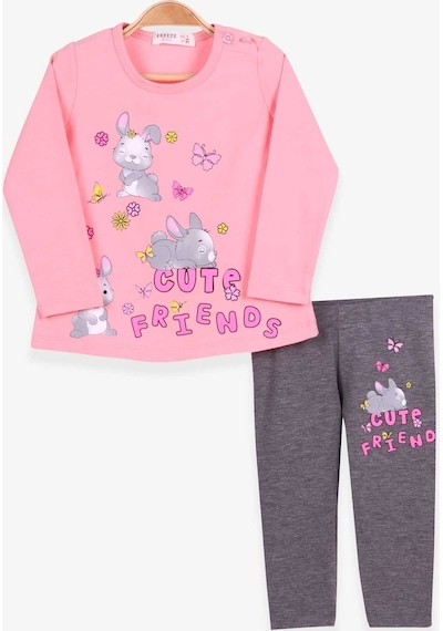 Breeze Kız Bebek Taytlı Takım Tavşan Baskılı Pudra (9 Ay-3 Yaş)