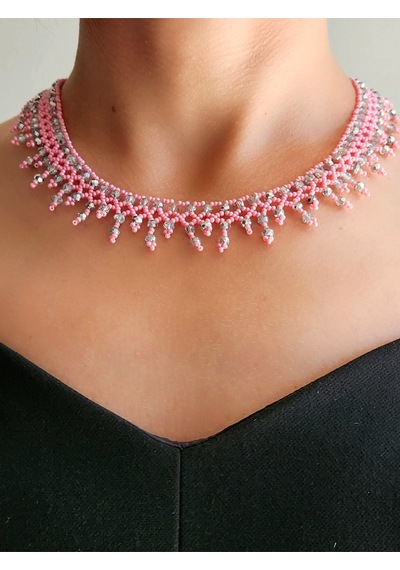 Etnik Bohem Pembe Gümüş Salkım Model Kum Kristal Boncuk Kolye El Yapımı Pembe