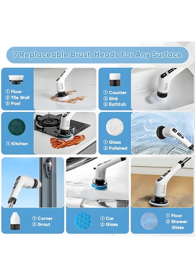 Cevval Jy-6010 Elektrikli Spin Scrubber - 7 Başlıklı Teleskopik Saplı Turbo Temizlik Fırçası Banyo, Mutfak, Araç Uyumlu