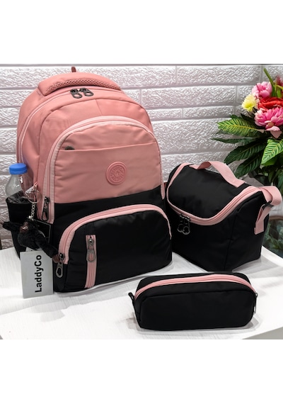 Suya Dayanıklı İlk Okul Çantası 3'lü Seti Unisex Çocuk İlkokul Çantası Ldc-8010 Pudra-siyah Pembe