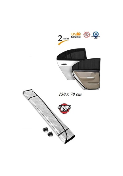 Ön Cam Balonlu Kalın Güneşlik 150x70 Cm + 2 Adet Arka Yan Cam Güneşlik Perde Sineklik Set Genel