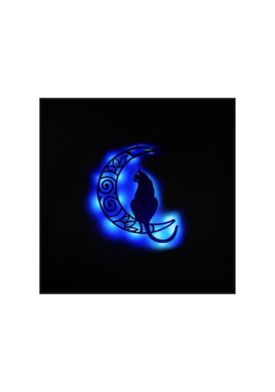 Led Işıklı Aydaki Kedi Figürlü Tablo Duvar Dekorlu Gece Lambası Mavi - 745710359 Mavi