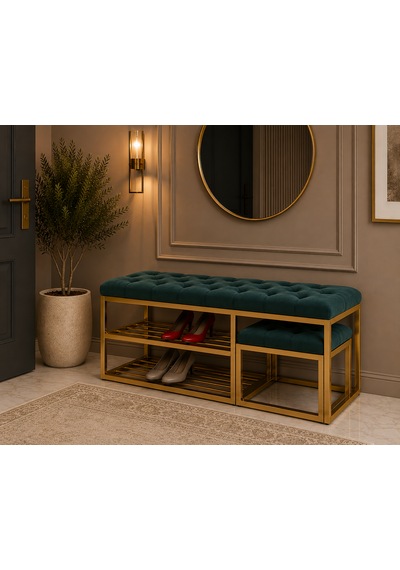 Gold Metal Bench Ayakkabılık Bank, Kapı Girişi Puf Ayakkabılık Yeşil
