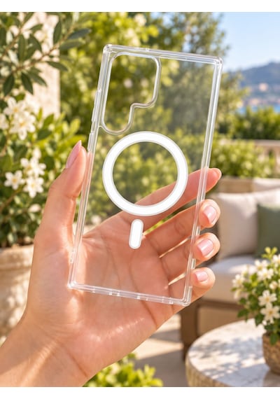 Samsung Uyumlu S24 Ultra Güçlendirilmiş Magsafe Şarj Özellikli Sararmaz Kristal Sert Kapak Kılıf Ve Kırılmaz Ekran Koruyucu Beyaz Şeffaf