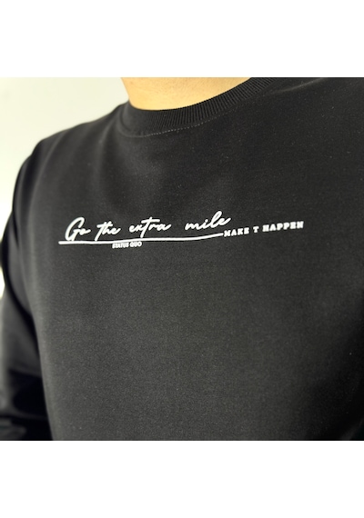 Say-Has Fashion Göğüs Baskılı Bisiklet Yaka Sweatshirt Siyah
