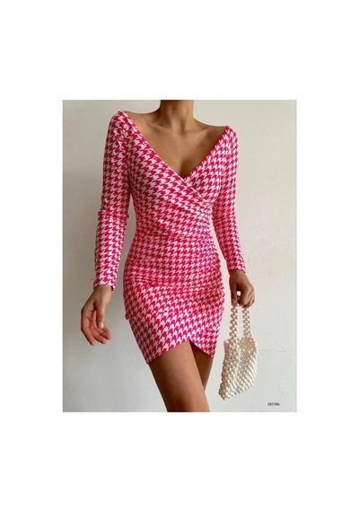 Angbutik Kadın Modern Tasarım V Yaka Standart Kol Elbise Pembe