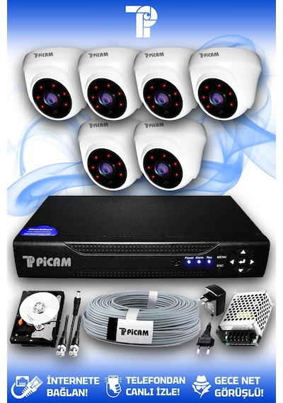 Picam 6 Kameralı Dome 6 İç Kamera Set 1 TB HDD Full HD Gece Görüşlü Güvenlik Kamerası Sistemi