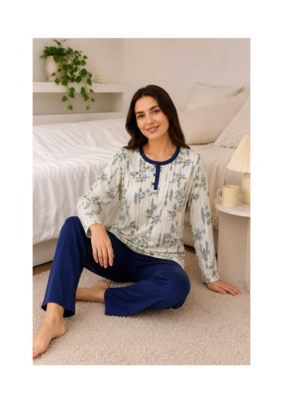 Tenra Rahat Kalıp Çiçek Desenli Kadın Pijama Takımı %100 Pamuk Lacivert