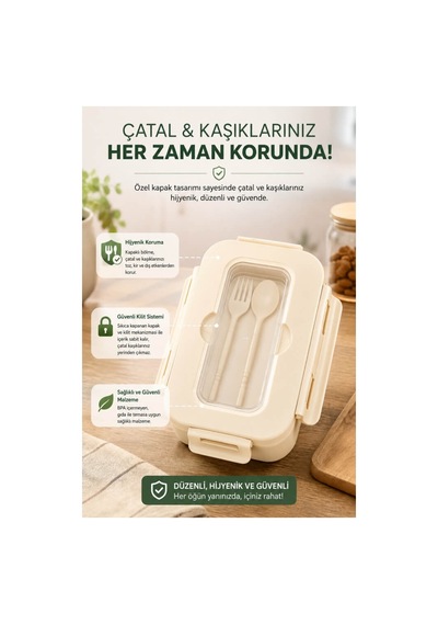 Piev Kilitli Sızdırmaz Çatal Kaşıklı 2 Bölmeli Beslenme Kabı Krem