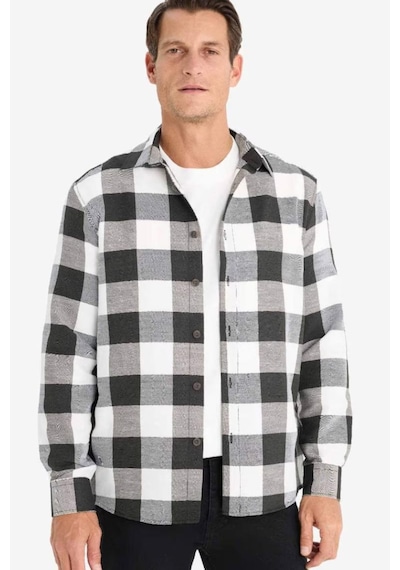Defacto Regular Fit Polo Yaka Pamuklu Kareli Uzun Kollu Gömlek D6145AX25SP Siyah