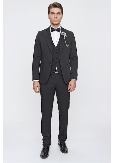 İmza Siyah Desenli Armürlü Mono Yaka Astarlı Yelekli 6 Drop Slim Fit Dar Kesim Smokin Damatlık 1001220201-Siyah
