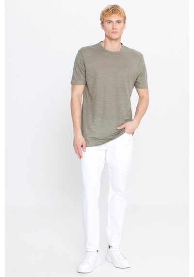 AC&Co / Altınyıldız Classics Erkek Hakı %100 Keten Slim Fit Dar Kesim Bisiklet Yaka Tişört Hakı
