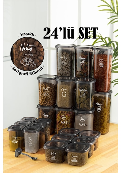 Vienev 24lü Beyaz Serigrafi Etiketli Kaşıklı Peggy Kare Erzak Baharat Full Set 6x 1,75 1,2, 0,55, 0,45 Ant Şeffaf