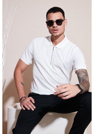 Buratti Pamuklu Regular Fit Fermuarlı Erkek Polo Yaka T Shirt 5902915 Beyaz