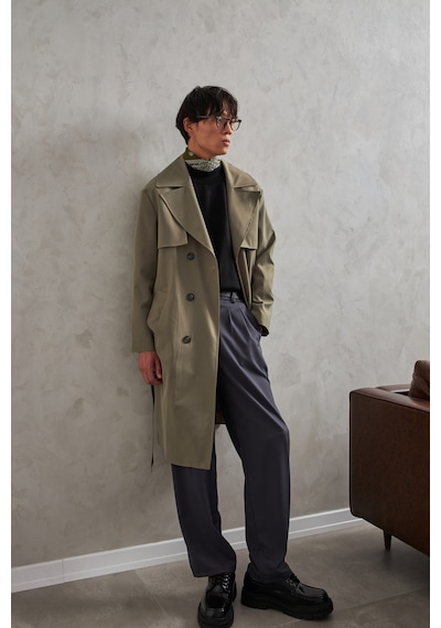 Erkek Kruvaze Yaka Oversize Trençkot Haki