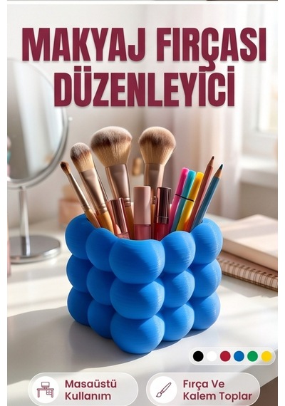 Makyaj Fırçası Ve Kalem Düzenleyici Masaüstü Organizer Kutu - 8 Cm Mavi
