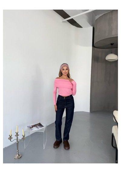 Kechi Woman Dalgıç Kumaş Madonna Yaka Pembe Bluz