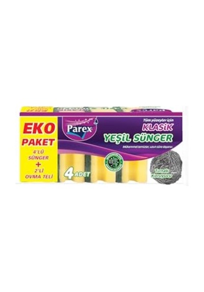 Klasik Yeşil Sünger Oluklu 4'lü + 2'li Ovma Teli