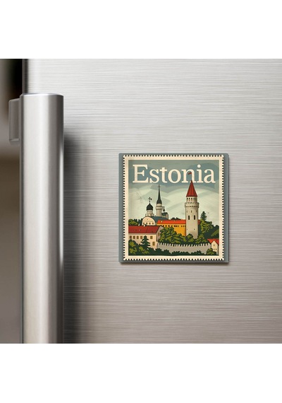 Estonya Estonia - Posta Pulu Temalı Ülke - Baskılı Buzdolap Magneti Kare - 9x9 Cm