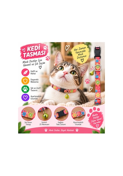 Kedi Tasması Mercan Renkli Çiçek Desenli Zilli Ayarlanabilir Klipsli Kumaş Kedi Boyun Tasması