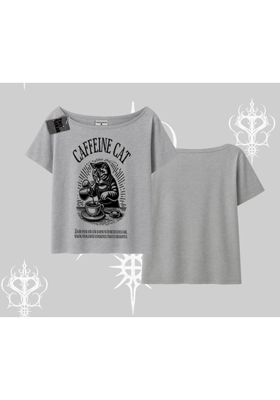 Tarzsokak Kayık Yaka Tshirt Caffeine Cat Kahve Temalı Kedi Baskılı Gri