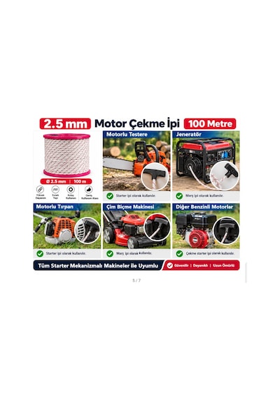 Algaride 2.5mm Motor Çekme İpi 100 Mt Motorlu Testere Jeneratör Ve Motorlu Tırpan Uyumlu Starter Marş İpi