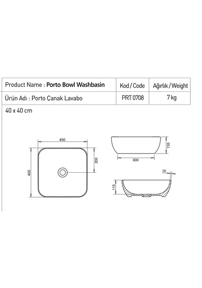 Turavit Porto PRT0708 Lavabo Çanak 40 x 40 CM