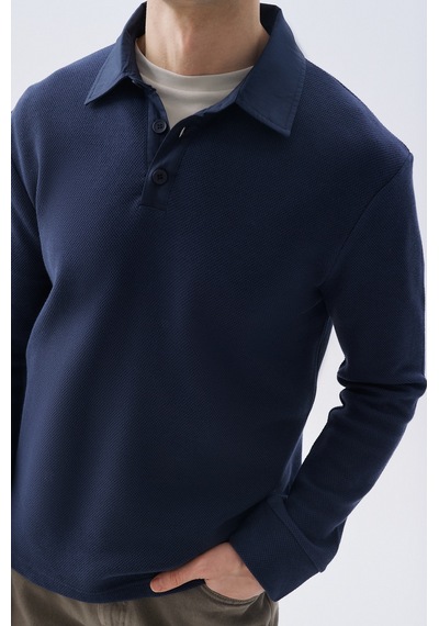 Mudo Erkek Erkek Lacivert Tekstürlü Polo Yaka Sweatshirt 1266196