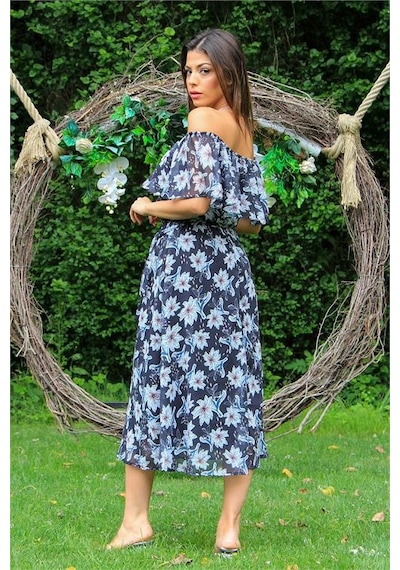 Neşeli Butik Kadın Siyah Carmen Yaka Çiçekli Yazlık Şifon Elbise Nb10037 Siyah