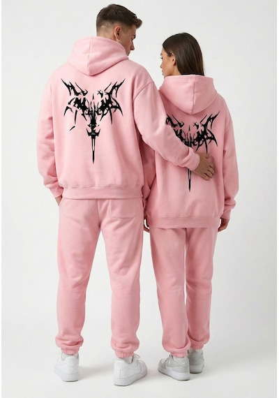 Nevermind Unisex Oversize Hoodie Grafik Sembol Baskılı Pembe
