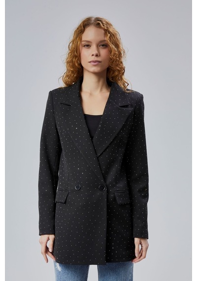 Siyah Regular Dokuma Astarlı Taş Detaylı Blazer Ceket Siyah
