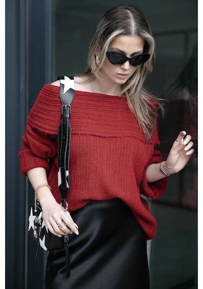 Lela Oversize Fit Madonna Yaka Triko Bayan Kazak 4615216 Kırmızı
