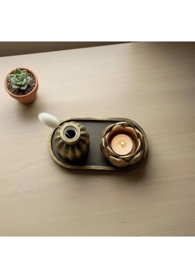 Mireva Lotus Tealight Mumluk Ve Mini Vazo Seti Dekoratif Tepsi Üzerinde Altın Renk Mumluk Seti, Masa &amp Sehpa E Çok Renkli