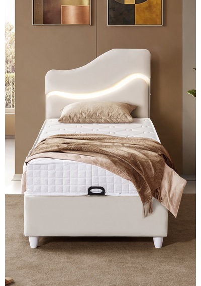 Baza Seti, Merry Ledli Tek Kişilik Baza Başlık Maxi Yatak Seti, Krem - 90 x 190 cm