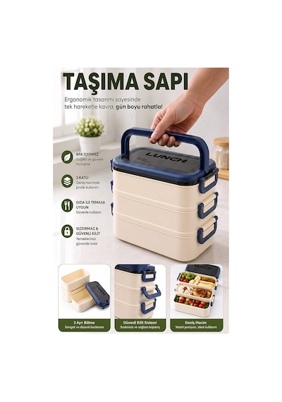 Renkli Beslenme Kutusu 3 Bölmeli 1 Adet 3 Bölmeli Beslenme Kabı Yemek Saklama Kabı Taşınabilir Lunch Box Okul Mavi