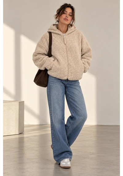 Bb Butik Basic Kadın Kapüşonlu Fermuarlı Peluş Ceket Oversize Rahat Kesim My3535 Bej