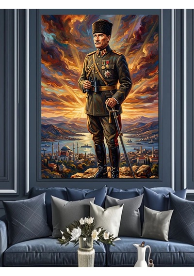 Deniz Kenarında Silahlı Atatürk Silüeti Dekoratif Kanvas - Mdf Ahşap Tablo
