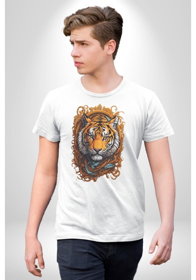Kaplan Süs Unisex Unisex Beyaz Organik Baskılı T-shirt Penye Yüksek Kalite Beyaz