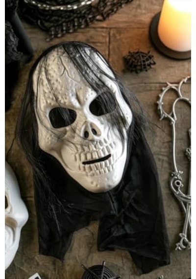 Halloween Maske İskelet Kuru Kafa Tüllü Siyah Beyaz