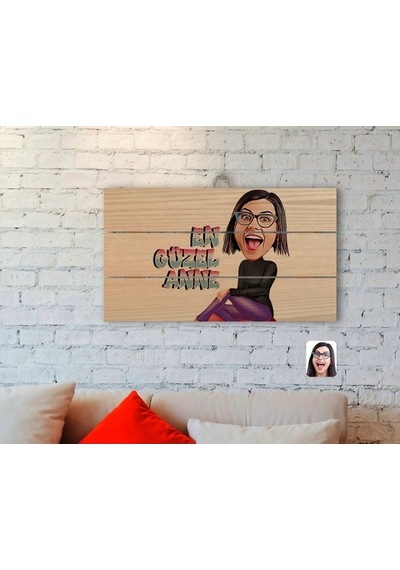 Kişiye Özel En Güzel Anne Karikatürlü Otantik Ahşap Palet Tablo