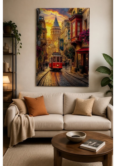 Nostaljik İstanbul Tramvaylı Baskılı Cam Tablo Galata Kulesi Uv Baskı Duvar Tablosu
