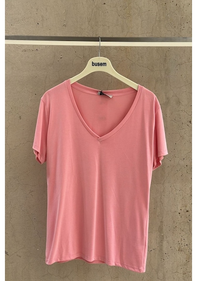 Hiccup Busem V Yaka Kısa Kollu Modal Bluz Allık Pembe