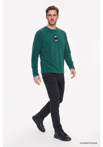Ac&Co / Altınyıldız Classics Erkek Yesıl Anti-pilling Tüylenme Yapmayan Bisiklet Yaka Nakışlı Sweatshirt Polar